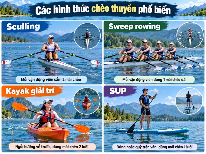 Sculling và sweep rowing là hai hình thức chèo thuyền thi đấu phổ biến