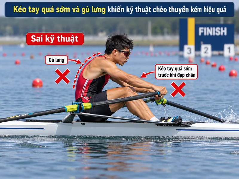 Kéo tay quá sớm và gù lưng khiến kỹ thuật chèo thuyền kém hiệu quả